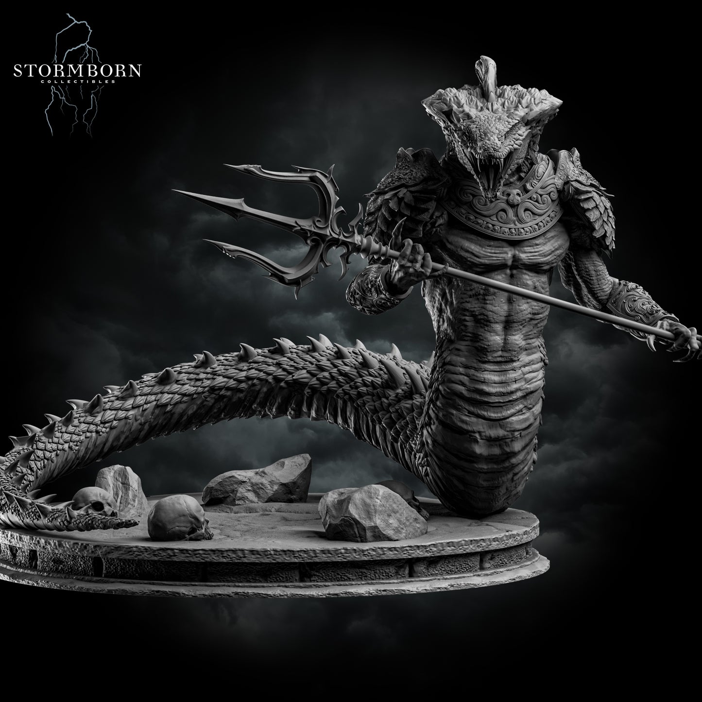 Frontal view of the Naga miniature highlighting the humanoid torso, detailed jewelry, flowing hair, and the weathered stone scenic base.