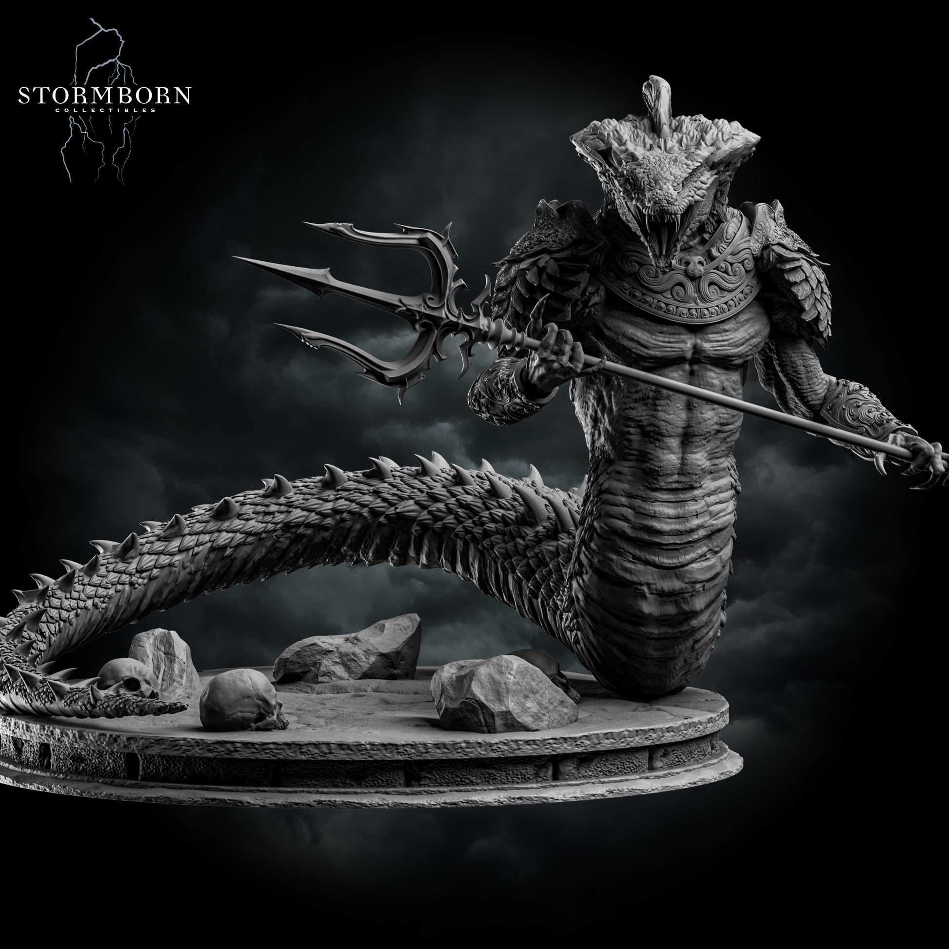 Frontal view of the Naga miniature highlighting the humanoid torso, detailed jewelry, flowing hair, and the weathered stone scenic base.