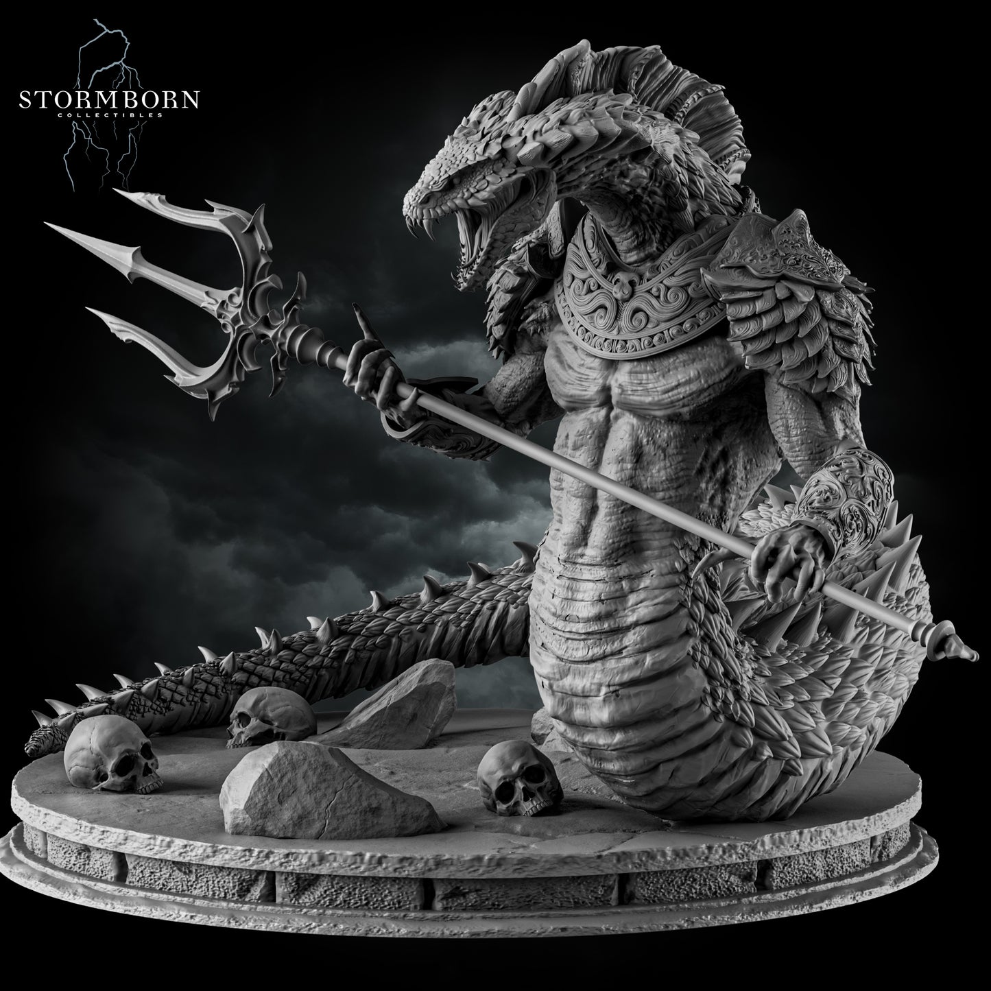Heroic three-quarter view of the Naga miniature by Stormborn Collectibles, showing the intricate scales of the coiled serpentine body and the ceremonial spear.