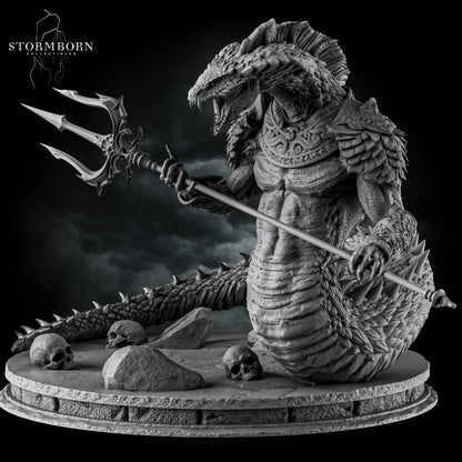 Heroic three-quarter view of the Naga miniature by Stormborn Collectibles, showing the intricate scales of the coiled serpentine body and the ceremonial spear.