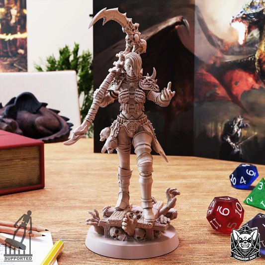 Detailed Necromancer Summoner miniature for D&D, shown on tabletop with dice and fantasy backdrop
