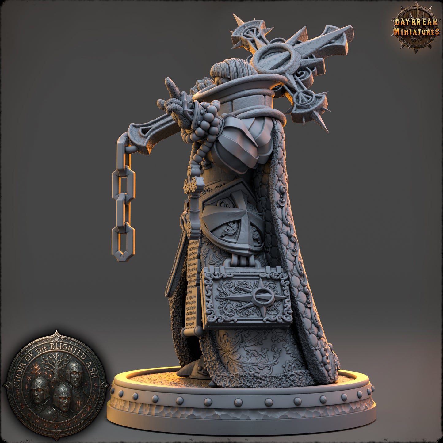 Neriah Ashbourne Confessor of the Blighted Ash resin miniature by Daybreak Miniatures holding chained relic and scripture tome | D&K Custom Prints