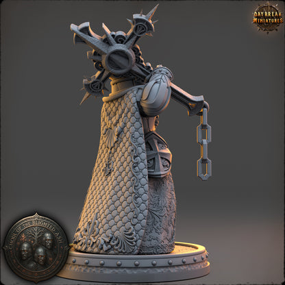 Neriah Ashbourne Confessor of the Blighted Ash resin miniature by Daybreak Miniatures holding chained relic and scripture tome | D&K Custom Prints