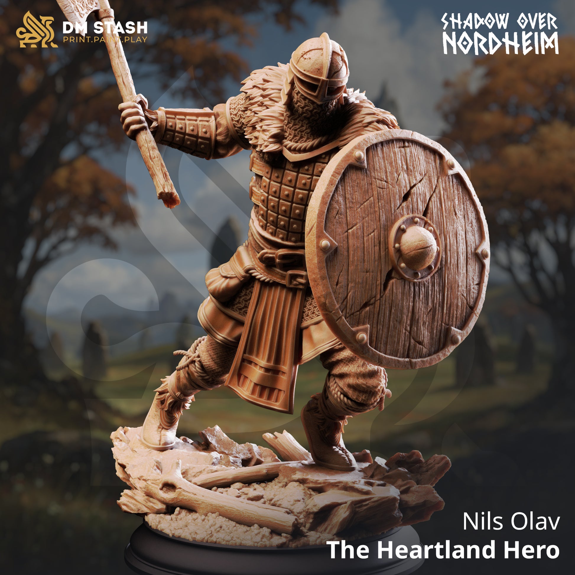 Nils Olav The Heartland Hero resin miniature featuring a Viking warrior with axe and shield, available in 32mm and 75mm scales from D&K Custom Prints.