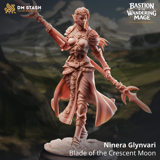 Ninera Glynvari Blade of the Crescent Moon resin miniature by DM Stash resting a double-bladed crescent polearm on her shoulders, printed by D&K Custom Prints.
