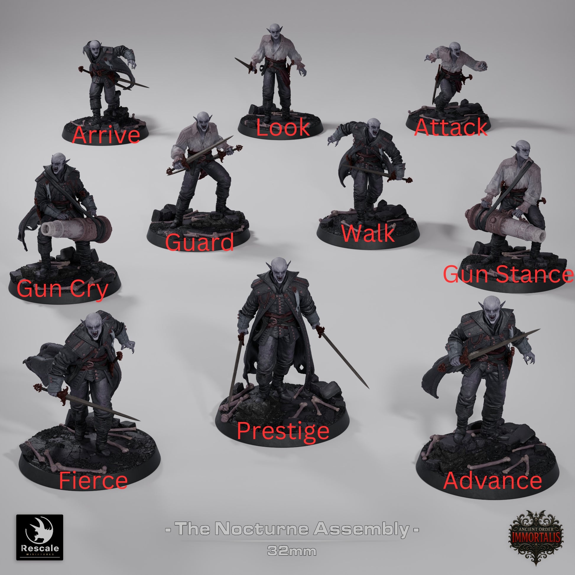 The Nocturne Assembly vampire warband resin miniatures by Rescale Miniatures, 32mm scale with gothic armor and scenic bases | D&K Custom Prints