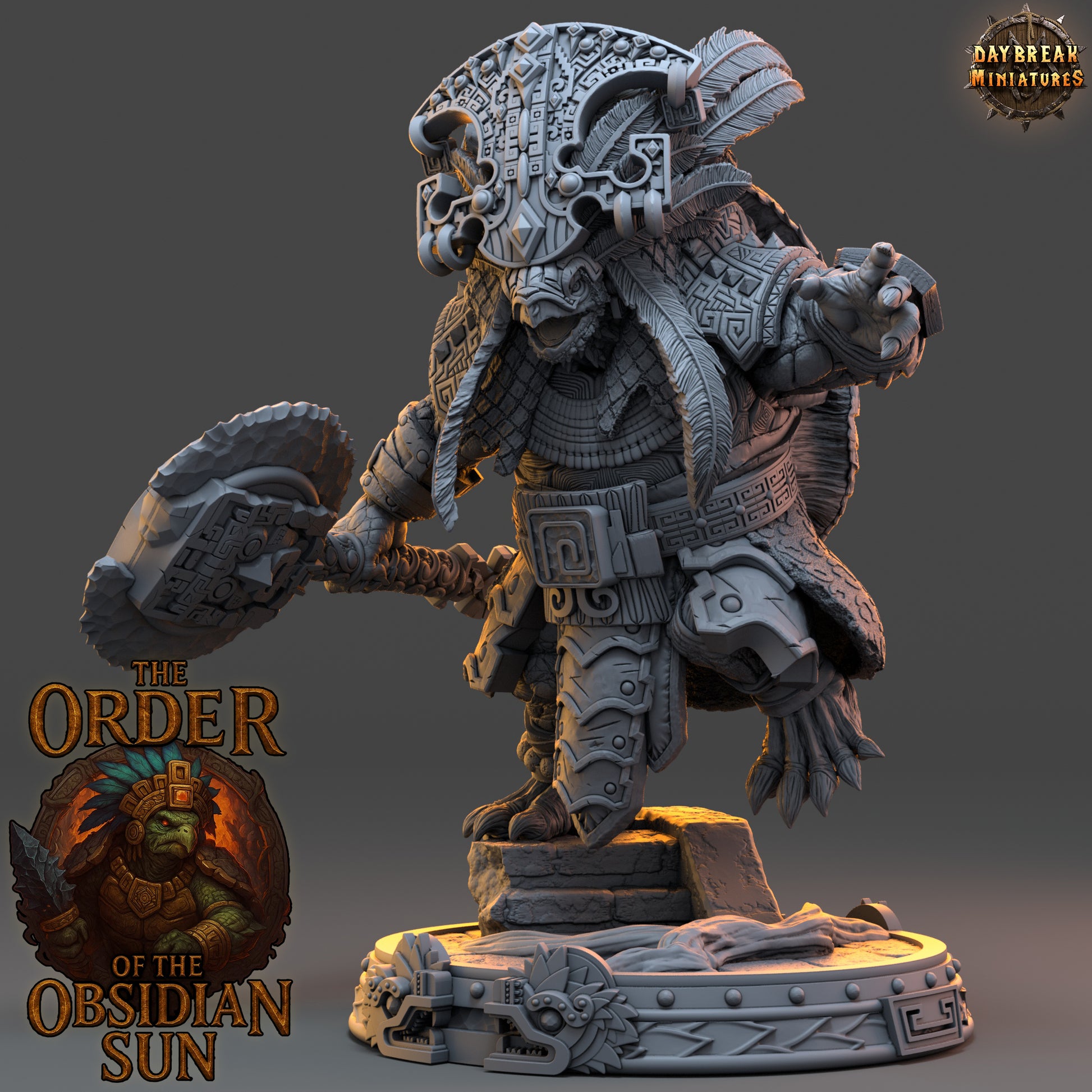 Ohuican Shellbreaker resin miniature, tortle warlord with obsidian axe and shield from the Order of the Obsidian Sun, 32mm and 54mm TTRPG scales.