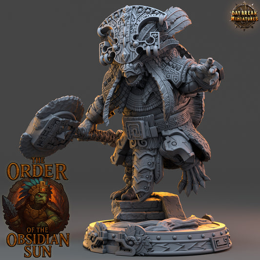 Ohuican Shellbreaker resin miniature, tortle warlord with obsidian axe and shield from the Order of the Obsidian Sun, 32mm and 54mm TTRPG scales.