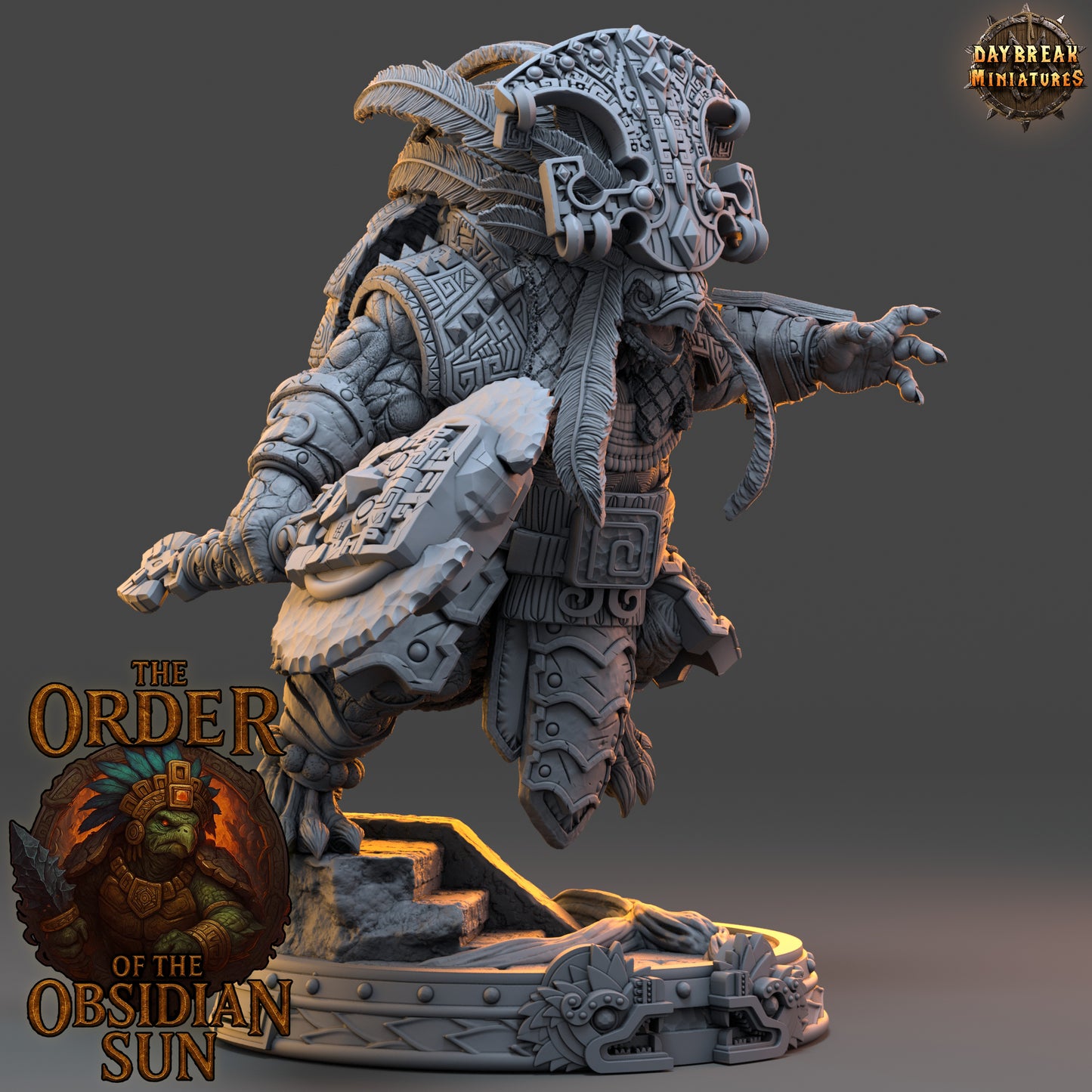 Ohuican Shellbreaker resin miniature, tortle warlord with obsidian axe and shield from the Order of the Obsidian Sun, 32mm and 54mm TTRPG scales.