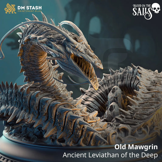 Old Mawgrin leviathan miniature snarling with barnacles and fanged maw for TTRPG