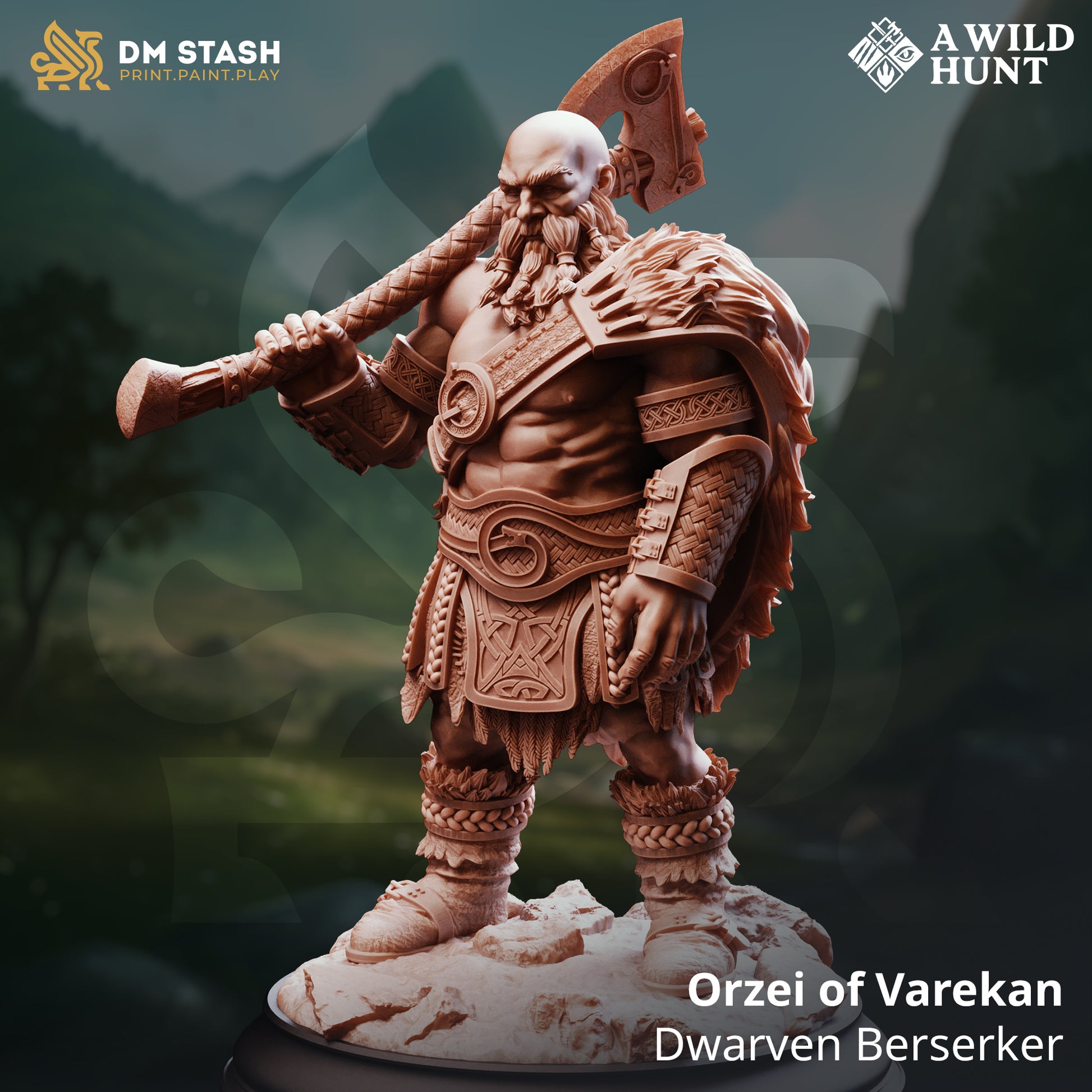 Orzei of Varekan Dwarven Berserker resin miniature – fantasy dwarf warrior with axe and fur cloak for tabletop and display painting.