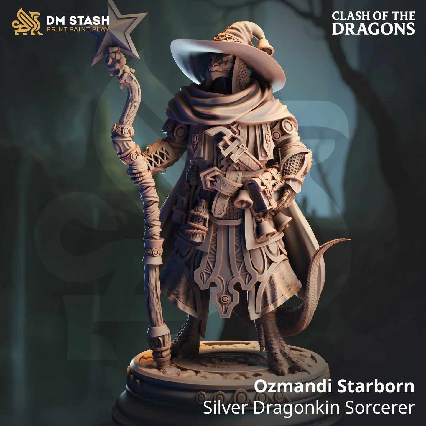 Ozmandi Starborn Silver Dragonkin Sorcerer miniature for Dungeons & Dragons and fantasy tabletop RPGs