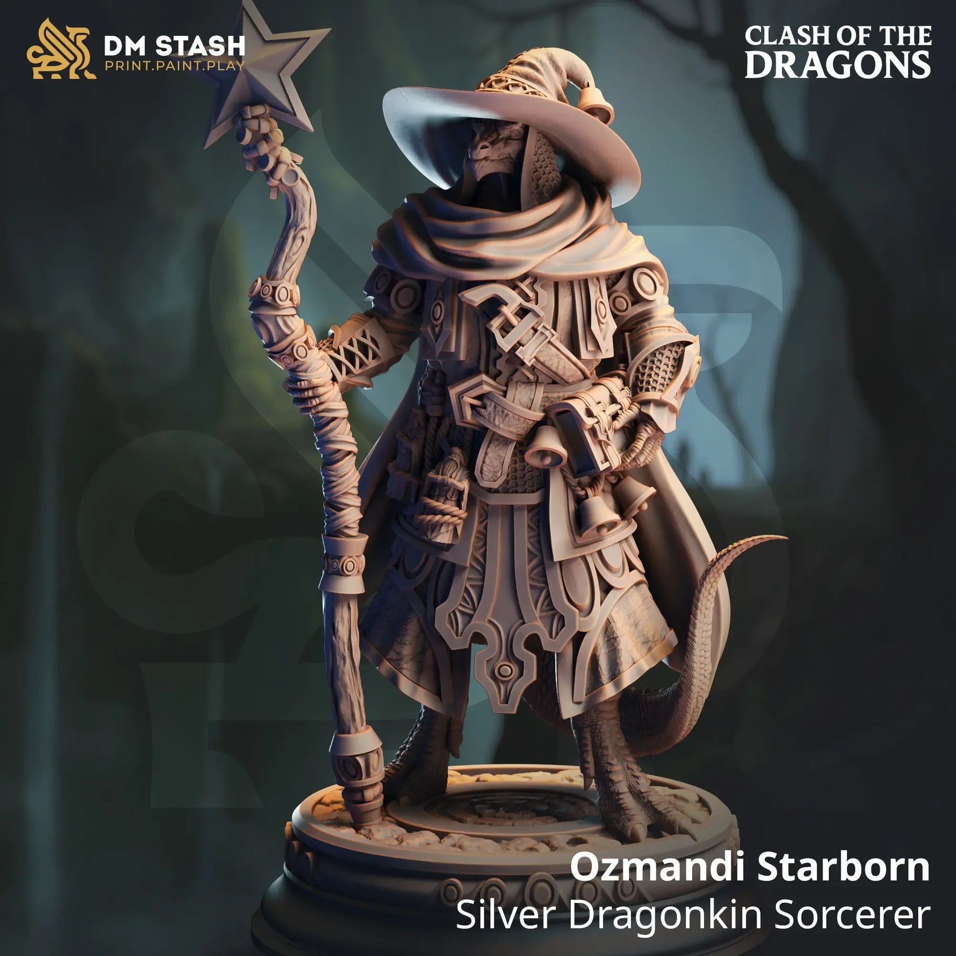 Ozmandi Starborn Silver Dragonkin Sorcerer miniature for Dungeons & Dragons and fantasy tabletop RPGs