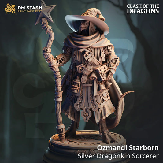 Ozmandi Starborn Silver Dragonkin Sorcerer miniature for Dungeons & Dragons and fantasy tabletop RPGs