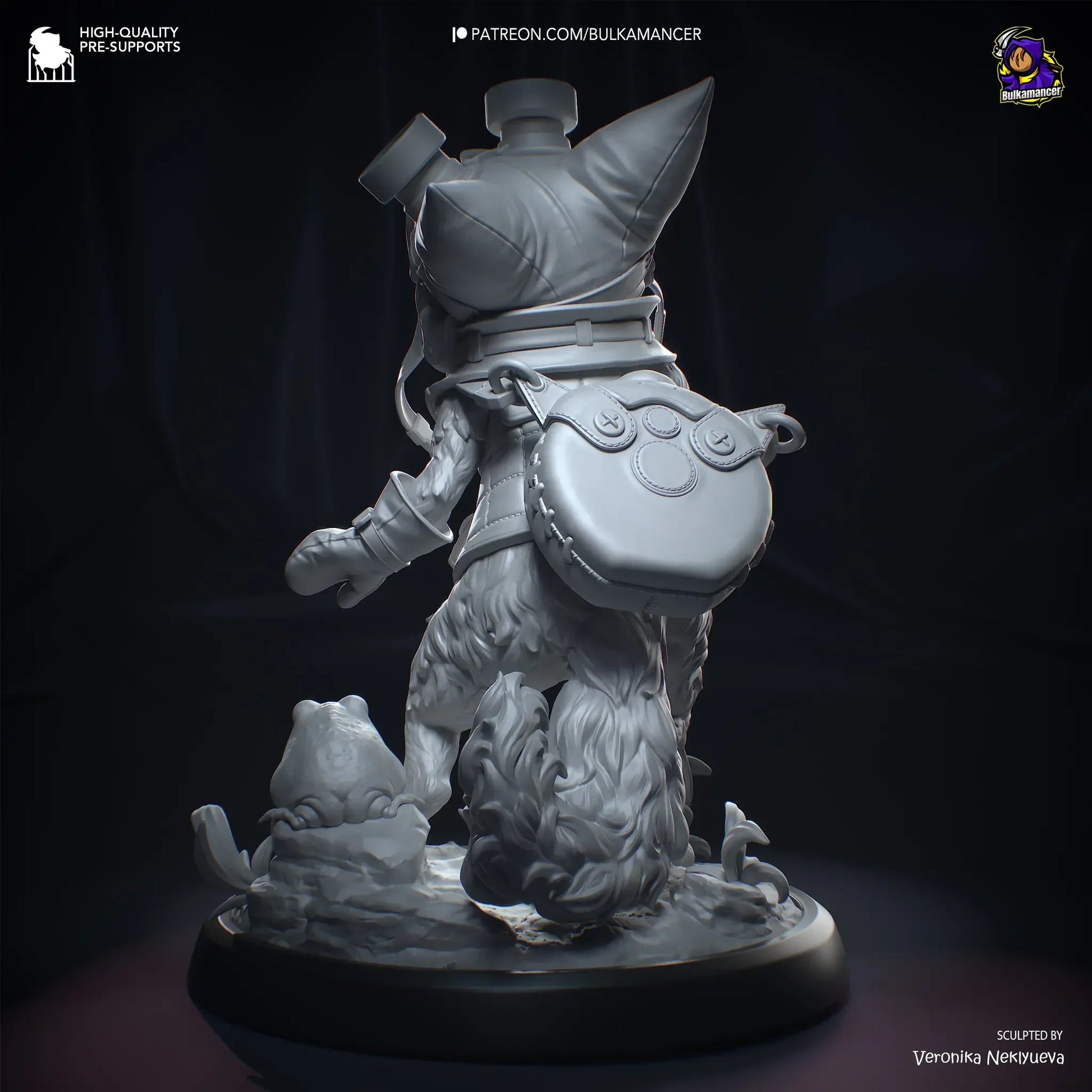 Back view of detailed Palico sculpt with backpack and tail
