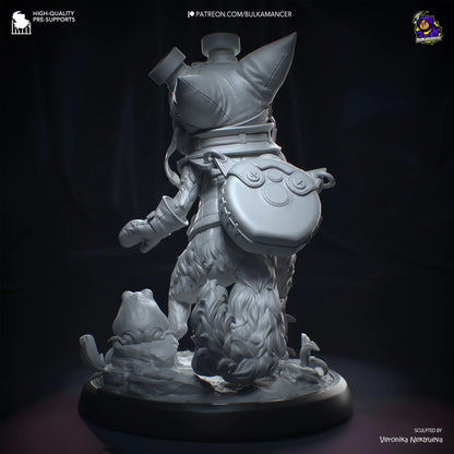 Back view of detailed Palico sculpt with backpack and tail