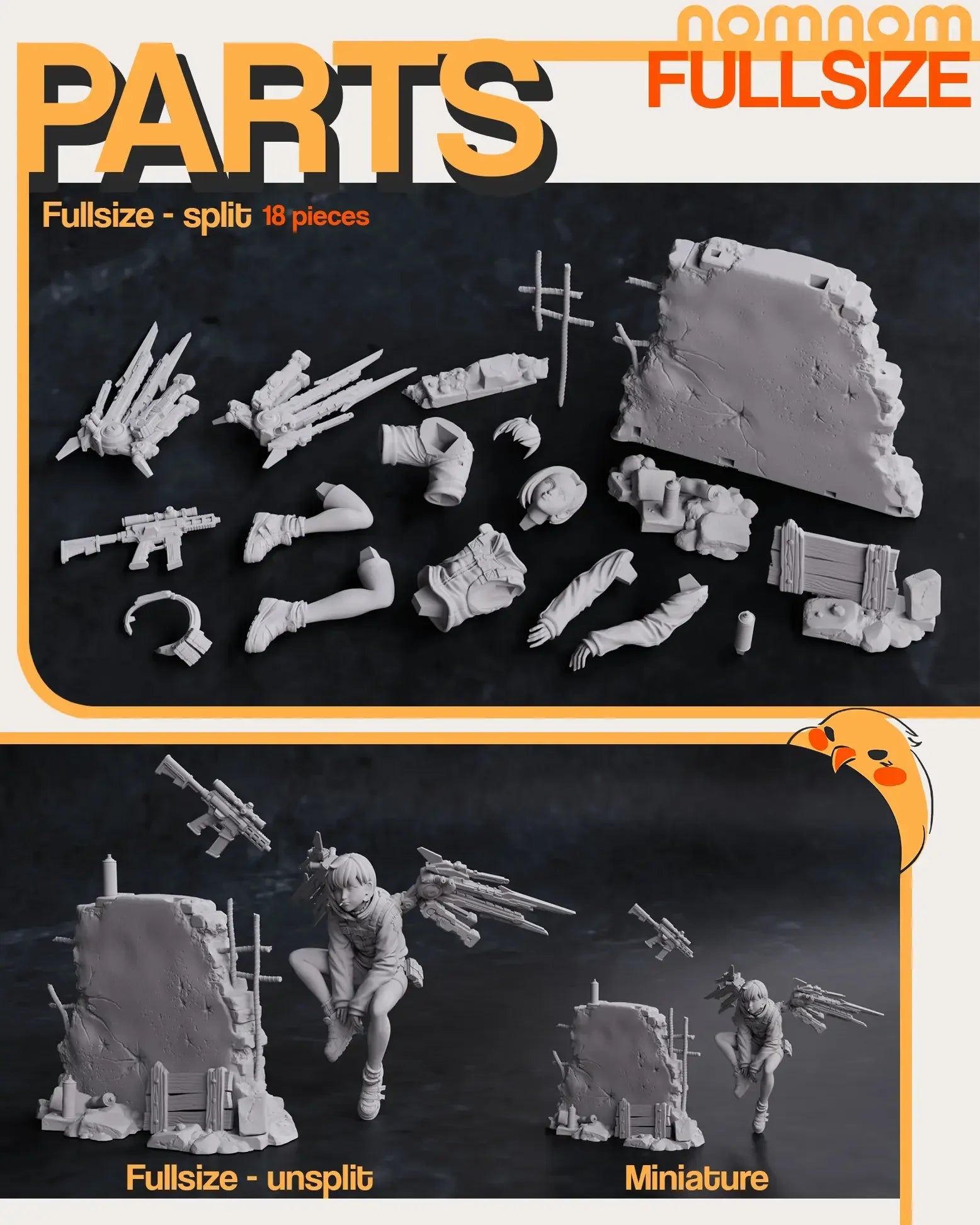 Kit contents of Valrie model showing all split parts before assembly.