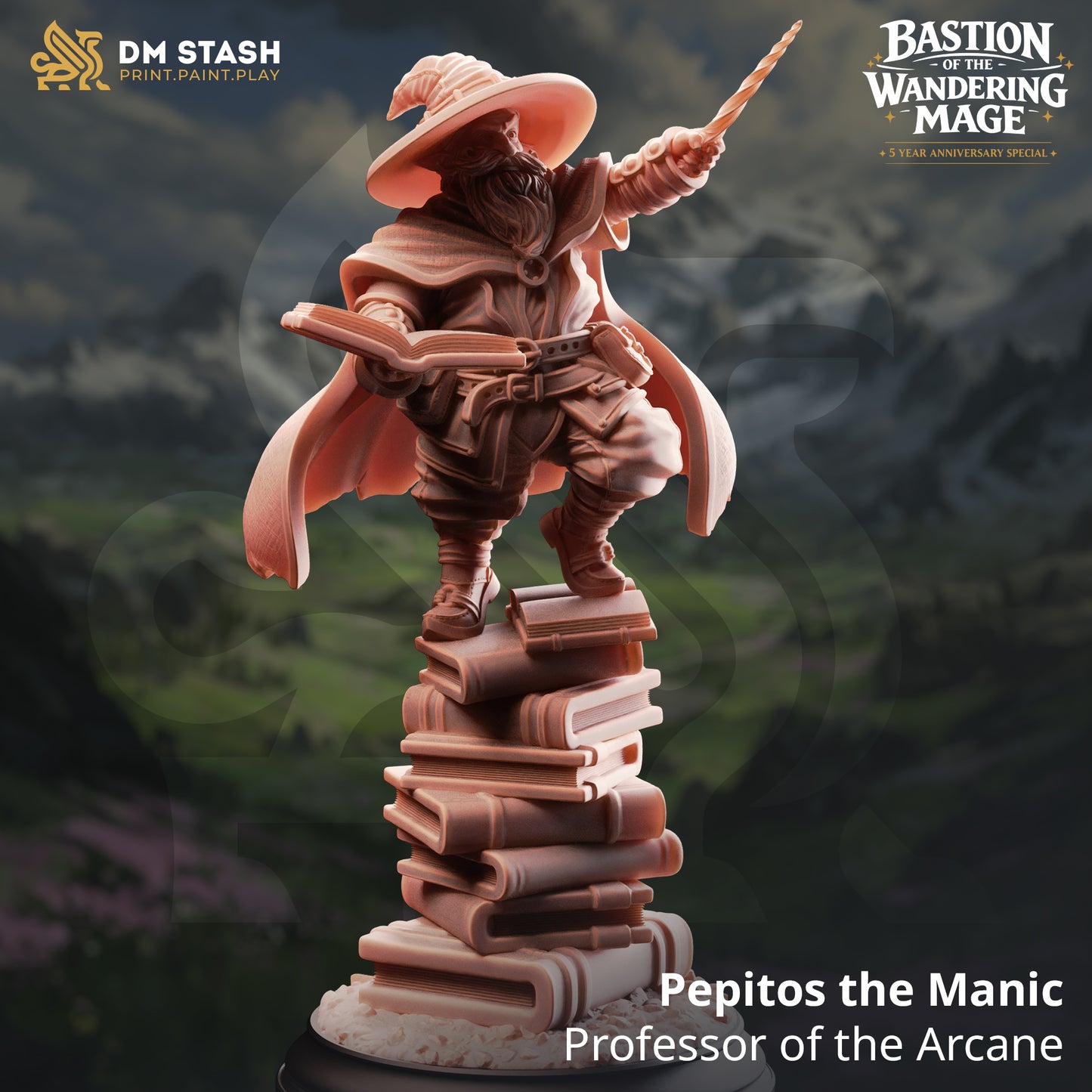Pepitos the Manic Gnome Wizard resin miniature by DM Stash standing on a tower of books with a wand, printed by D&K Custom Prints.