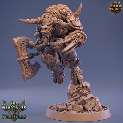 Minotaur figurine with axe on a blue background, featuring 'Daybreak Miniatures' branding.