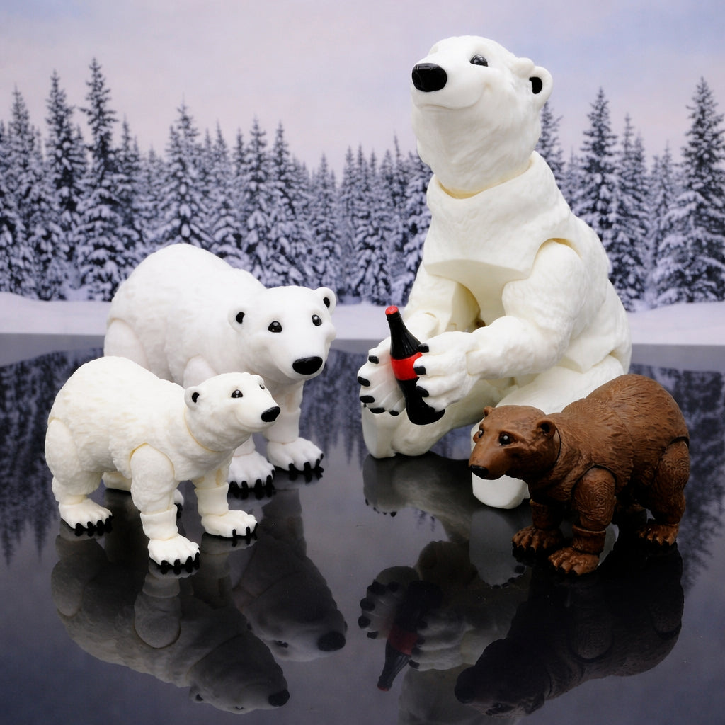 Articulated polar bear and brown bear toy figures posed on a reflective surface with snowy forest background, featuring poseable limbs and detailed animal sculpting