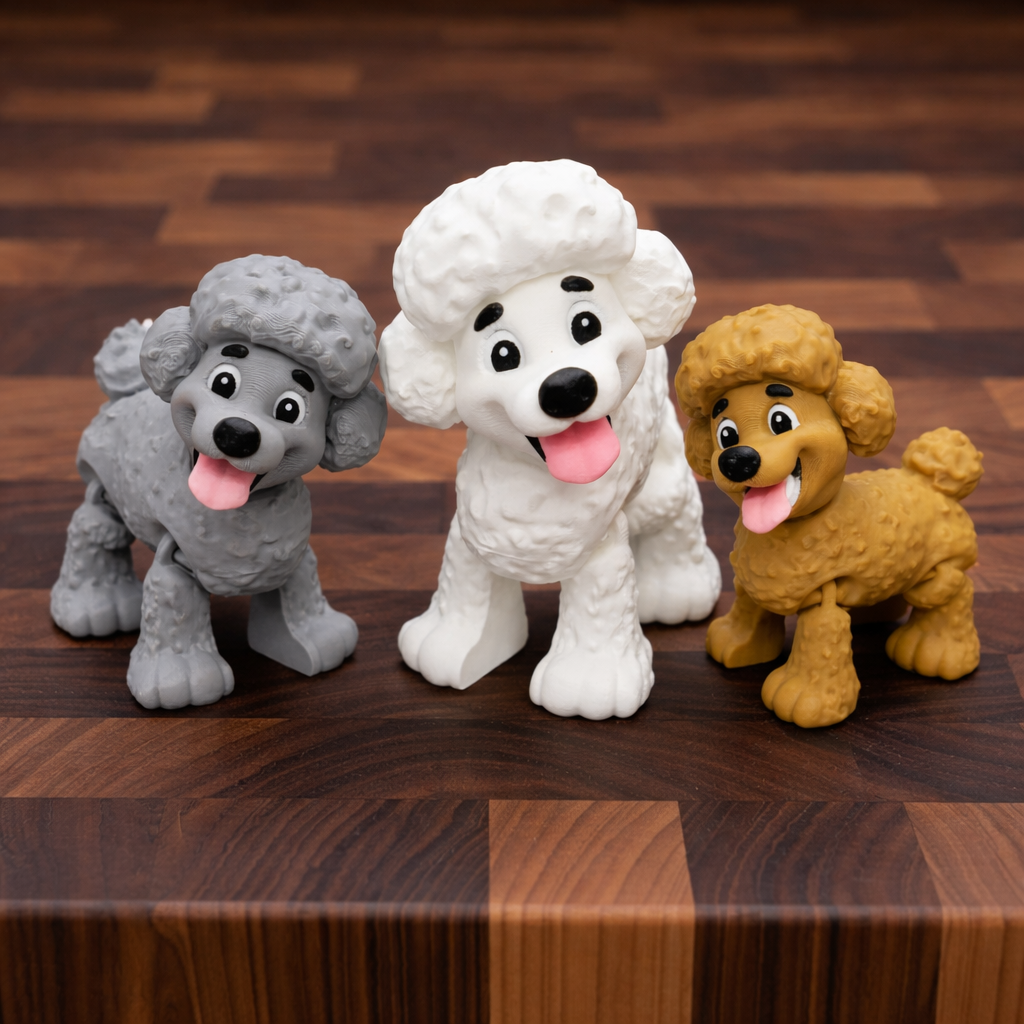 Three poodle toy figures in gray, white, and brown standing on a wooden surface, featuring cute expressions and curled fur details