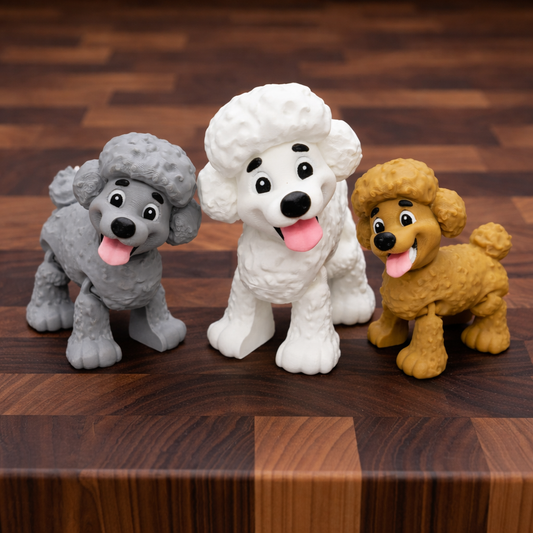 Three poodle toy figures in gray, white, and brown standing on a wooden surface, featuring cute expressions and curled fur details