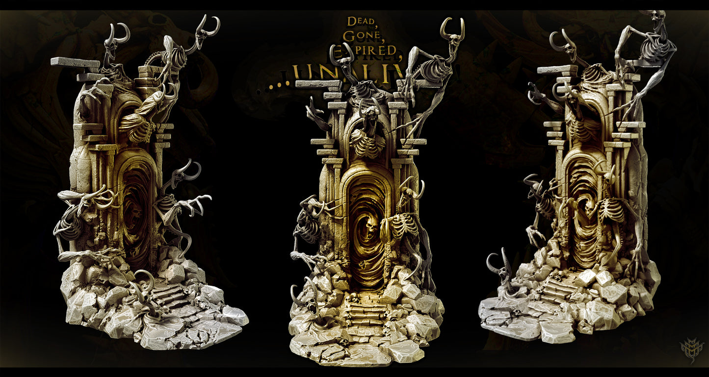 3D printed Portal of Undead Summoning diorama showing skeletal figures emerging from a cursed gateway.