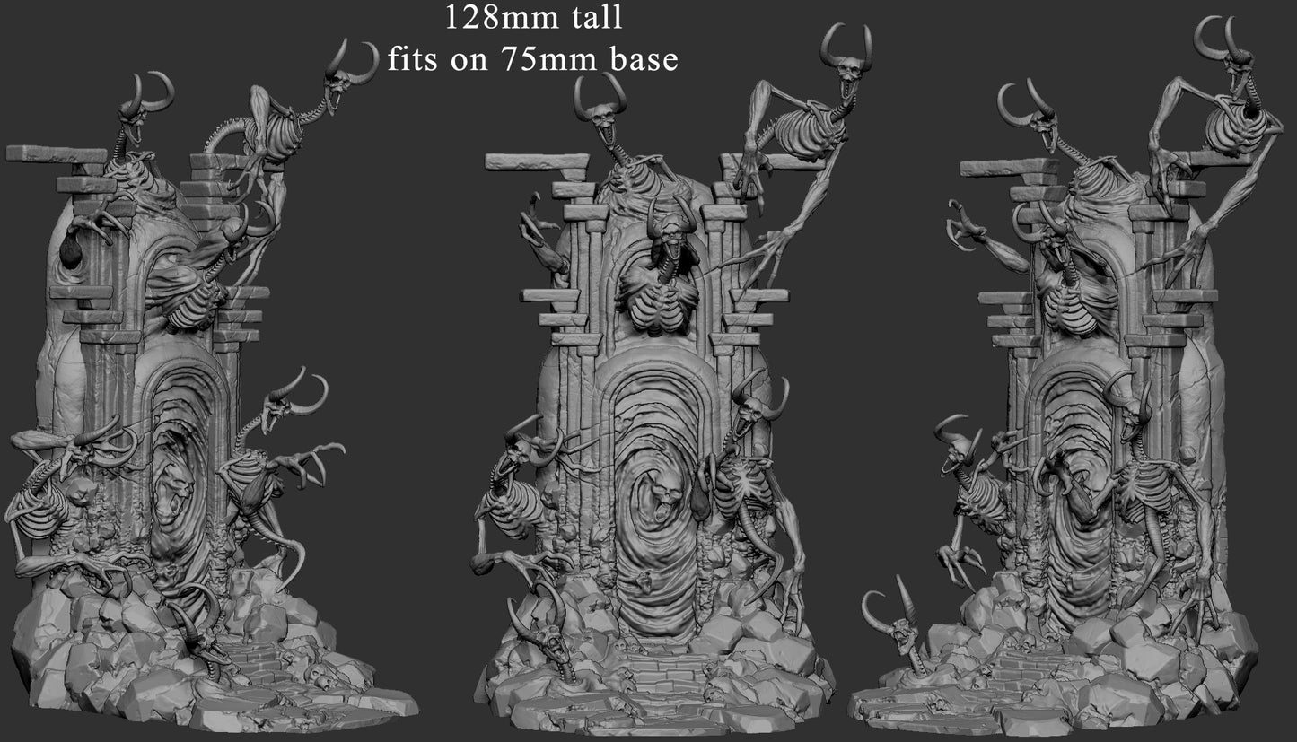 Showing the dimensions of the 3D printed Portal of Undead Summoning diorama showing skeletal figures emerging from a cursed gateway.