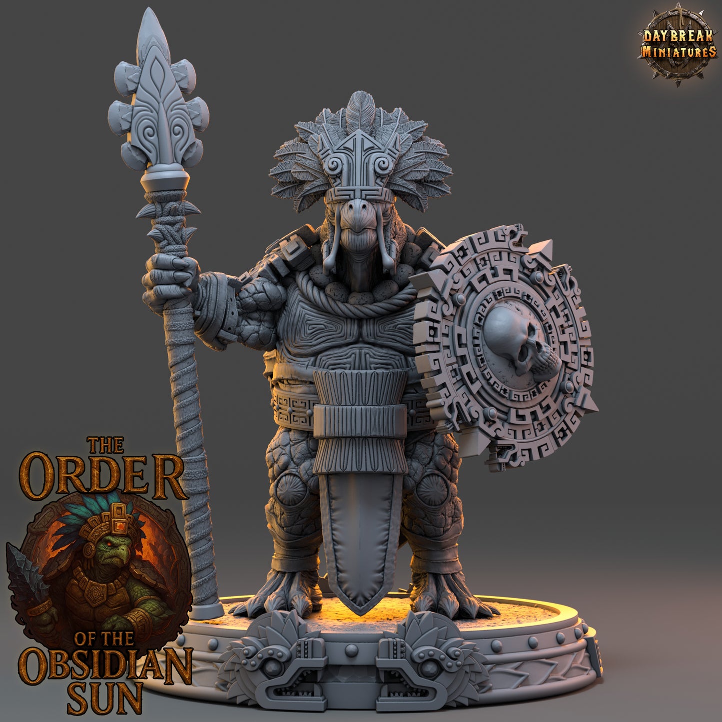 Quenacoatl the Sun Warden resin miniature, tortle guardian with spear and skull shield from the Order of the Obsidian Sun in 32mm and 54mm scales.