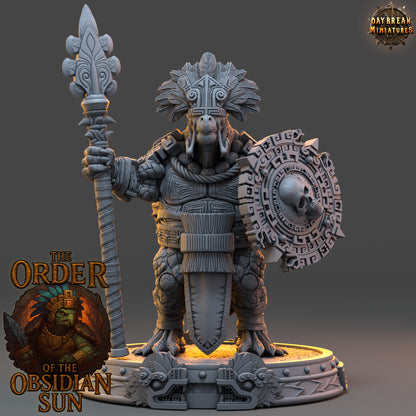 Quenacoatl the Sun Warden resin miniature, tortle guardian with spear and skull shield from the Order of the Obsidian Sun in 32mm and 54mm scales.