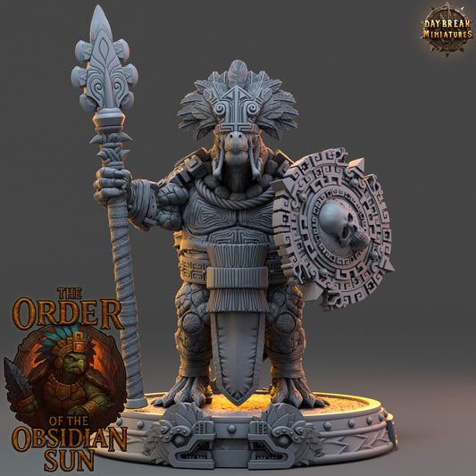 Quenacoatl the Sun Warden resin miniature, tortle guardian with spear and skull shield from the Order of the Obsidian Sun in 32mm and 54mm scales.