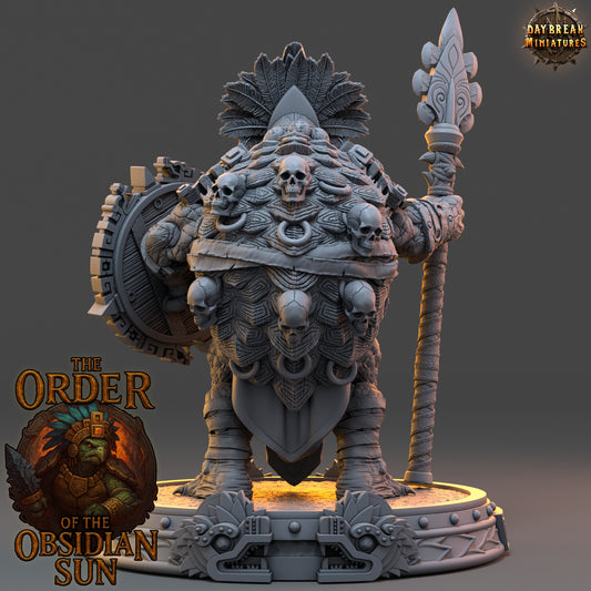Quenacoatl the Sun Warden resin miniature, tortle guardian with spear and skull shield from the Order of the Obsidian Sun in 32mm and 54mm scales.