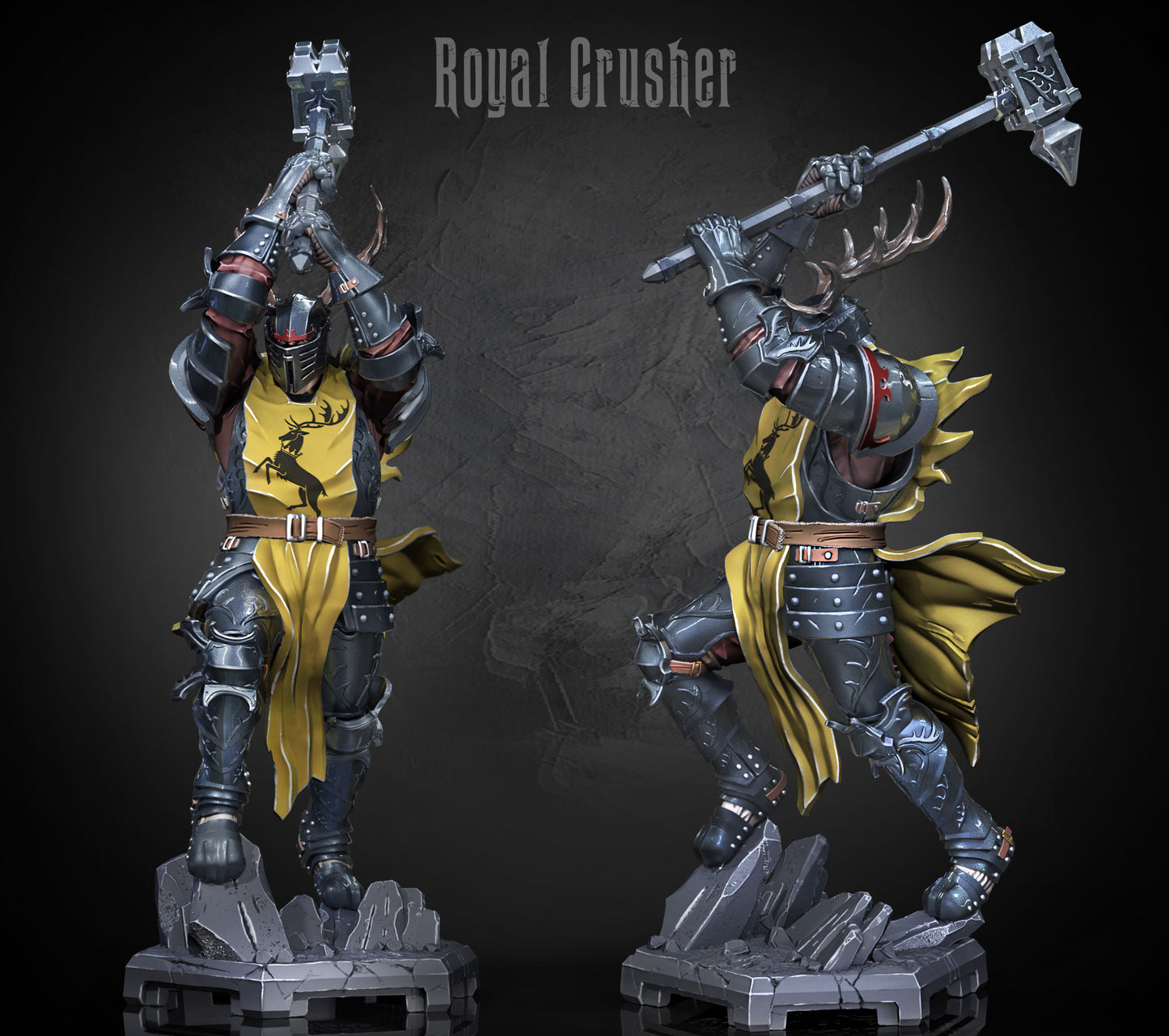 Royal Crusher Usurper King miniature 3D render showing front and side views with Great Hammer and antlered helm.