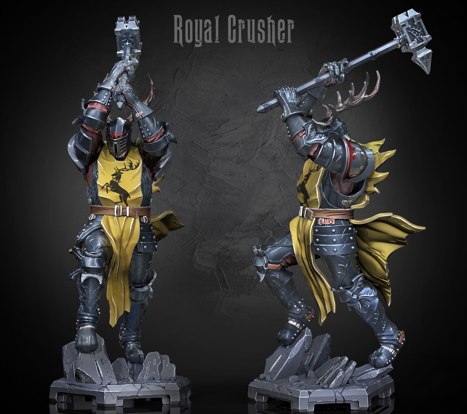 Royal Crusher Usurper King miniature 3D render showing front and side views with Great Hammer and antlered helm.