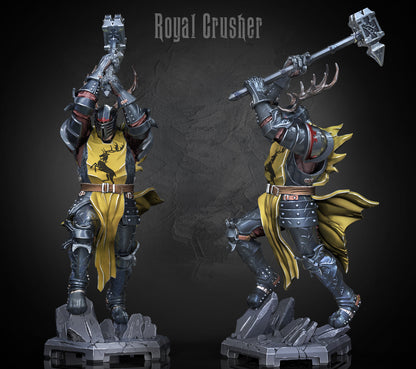 Royal Crusher Usurper King miniature 3D render showing front and side views with Great Hammer and antlered helm.