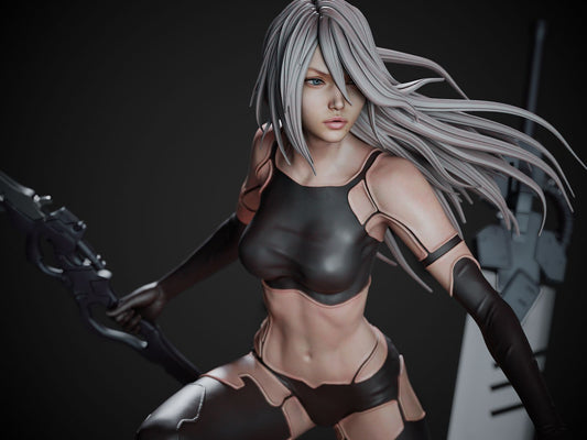 Character in black outfit with weapon on dark background