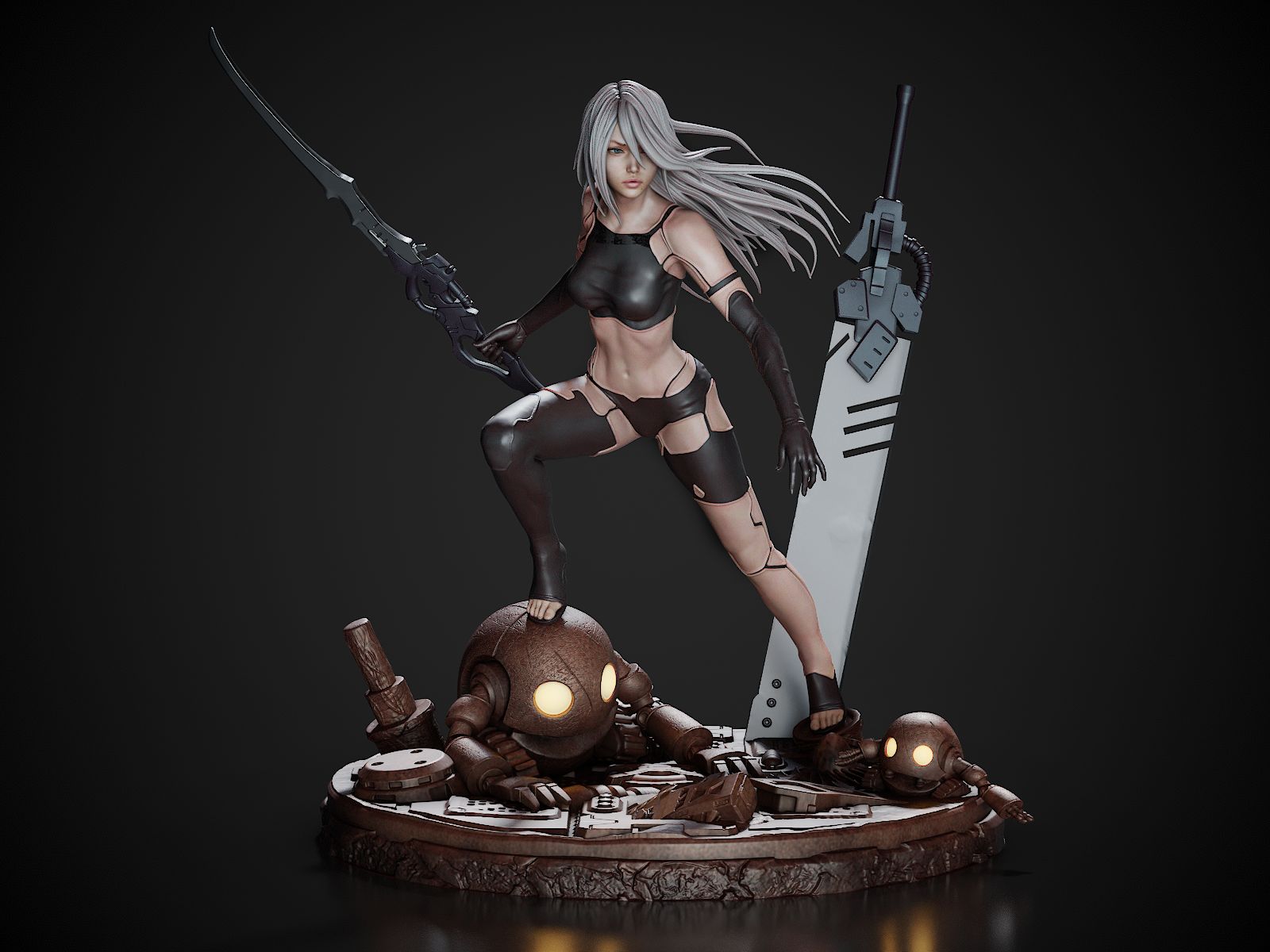 Statue of a character with weapons and a defeated enemy on a dark background