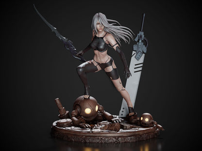 Statue of a character with weapons and a defeated enemy on a dark background