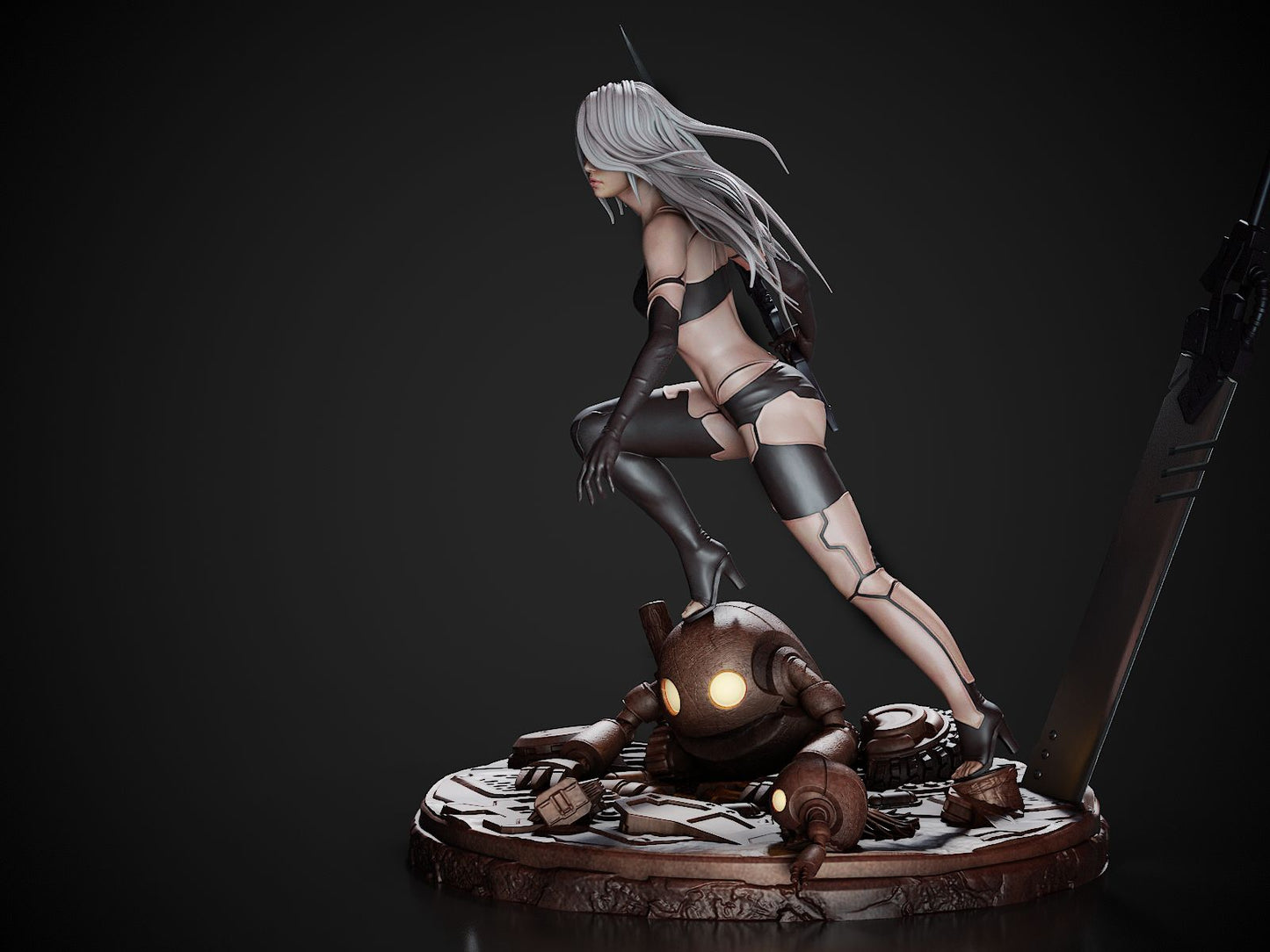 Statue of a character with white hair and a robot on a dark background