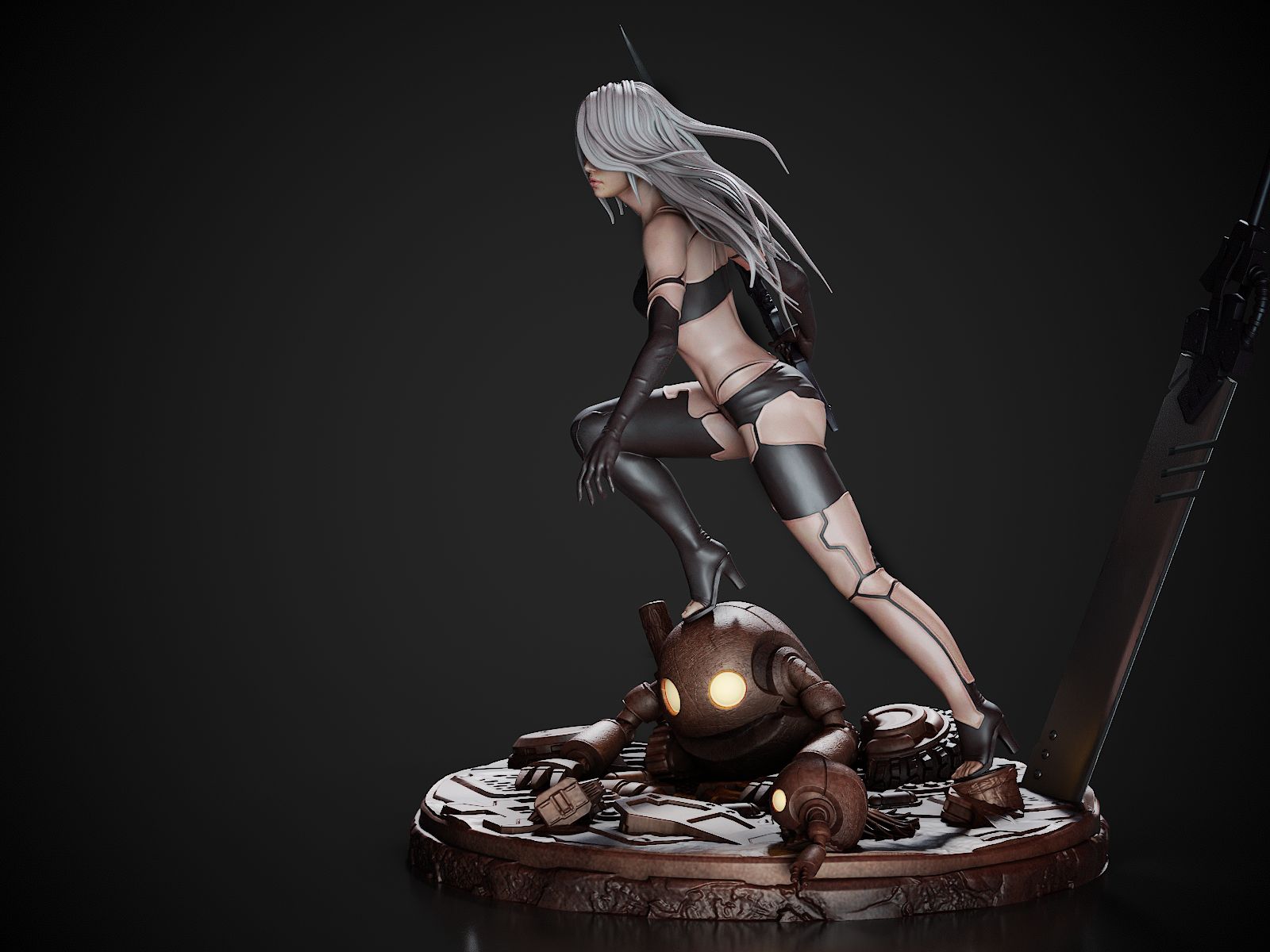 Statue of a character with white hair and a robot on a dark background