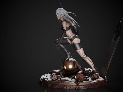 Statue of a character with white hair and a robot on a dark background
