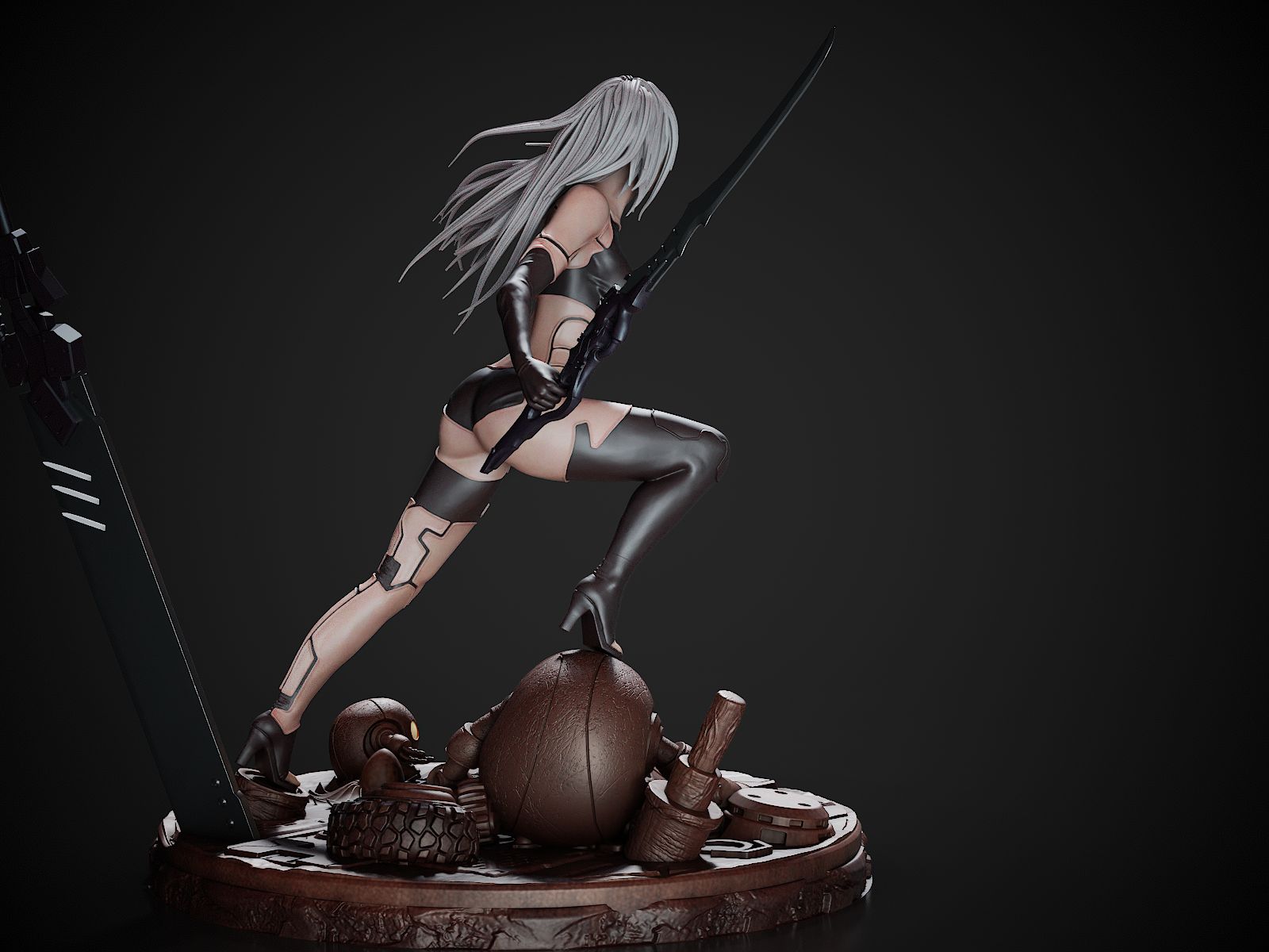 Statue of a character in a dynamic pose with a dark background