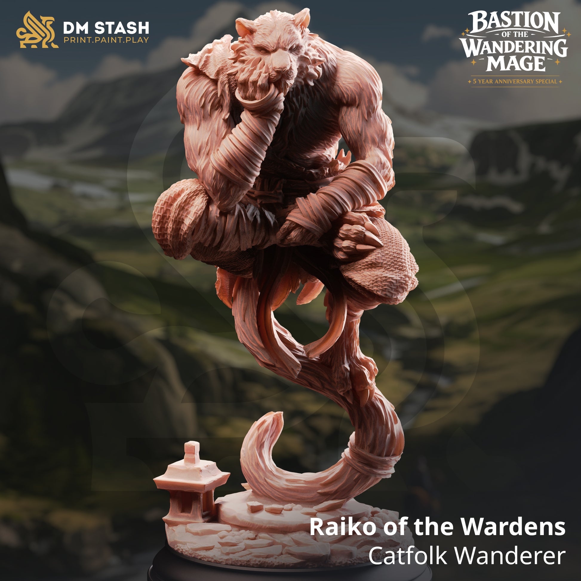 Raiko of the Wardens Catfolk Wanderer resin miniature by DM Stash crouching on his tail in a thinker pose, printed by D&K Custom Prints.