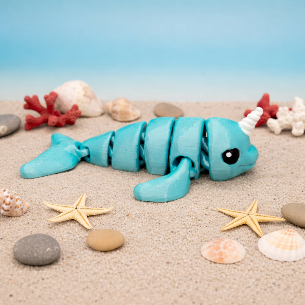 Articulated baby narwhal toy in teal color resting on sand with seashells and starfish, flexible 3D printed sea creature fidget and collectible ready to ship