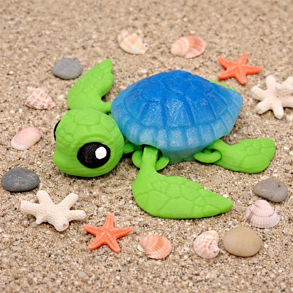 Green and blue articulated sea turtle toy with flexible flippers, 3D printed sensory fidget displayed on sand with seashells and starfish