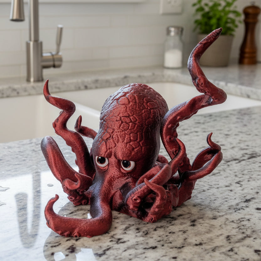 Red and black octopus figurine on a gray background