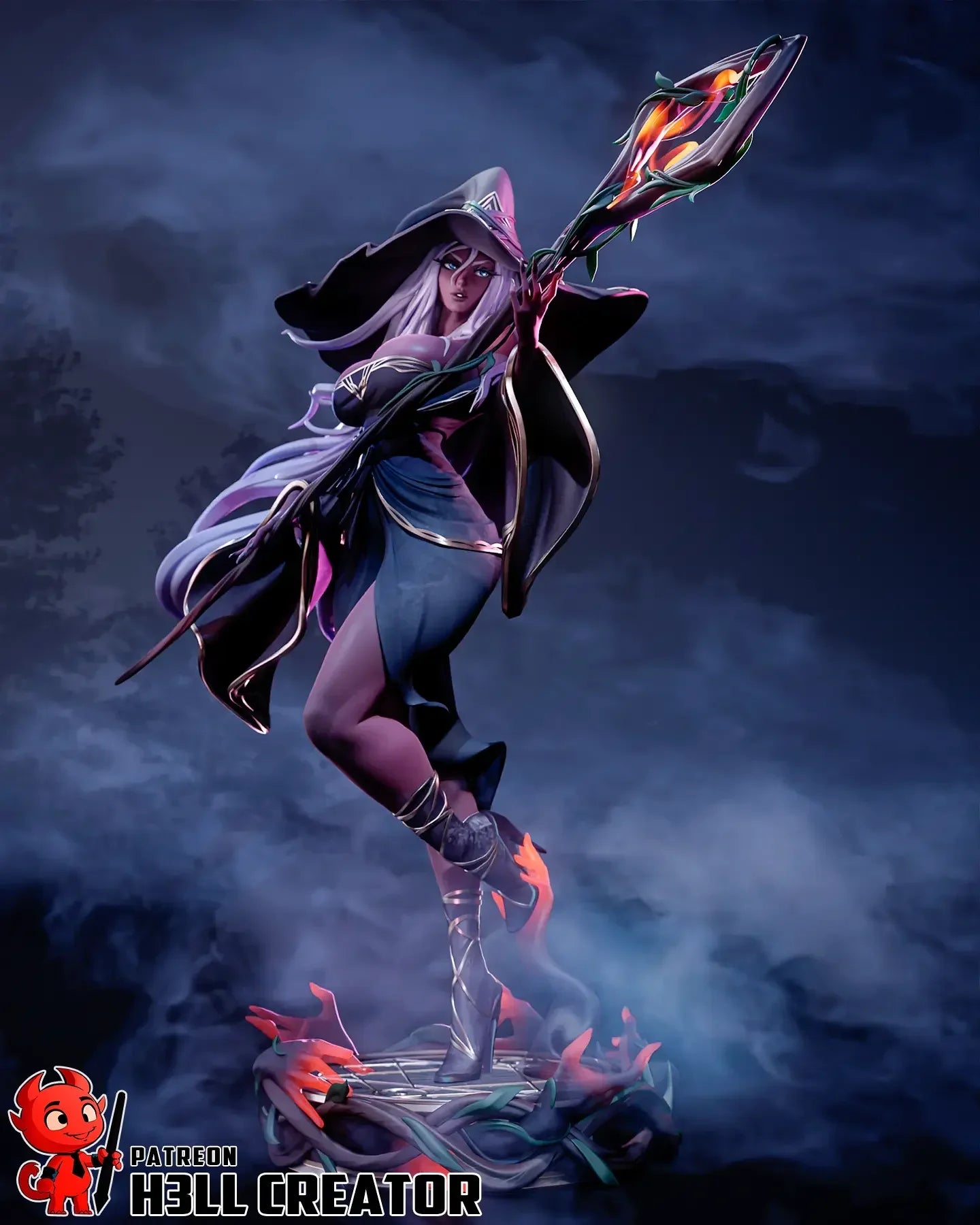 Recluse witch statue on vine base with flames and staff