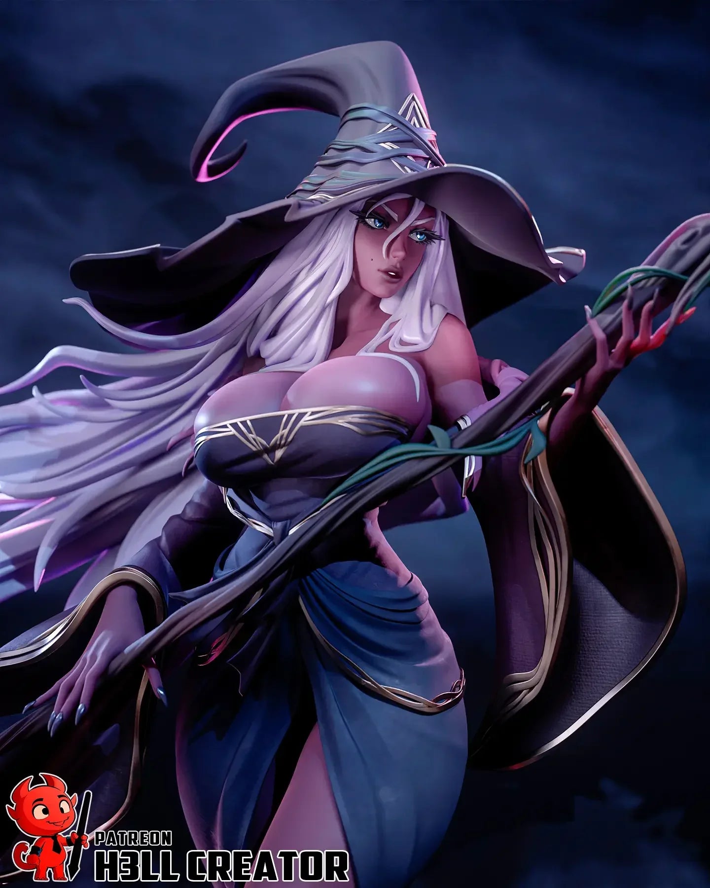 Recluse witch close-up face and staff highlight for painting