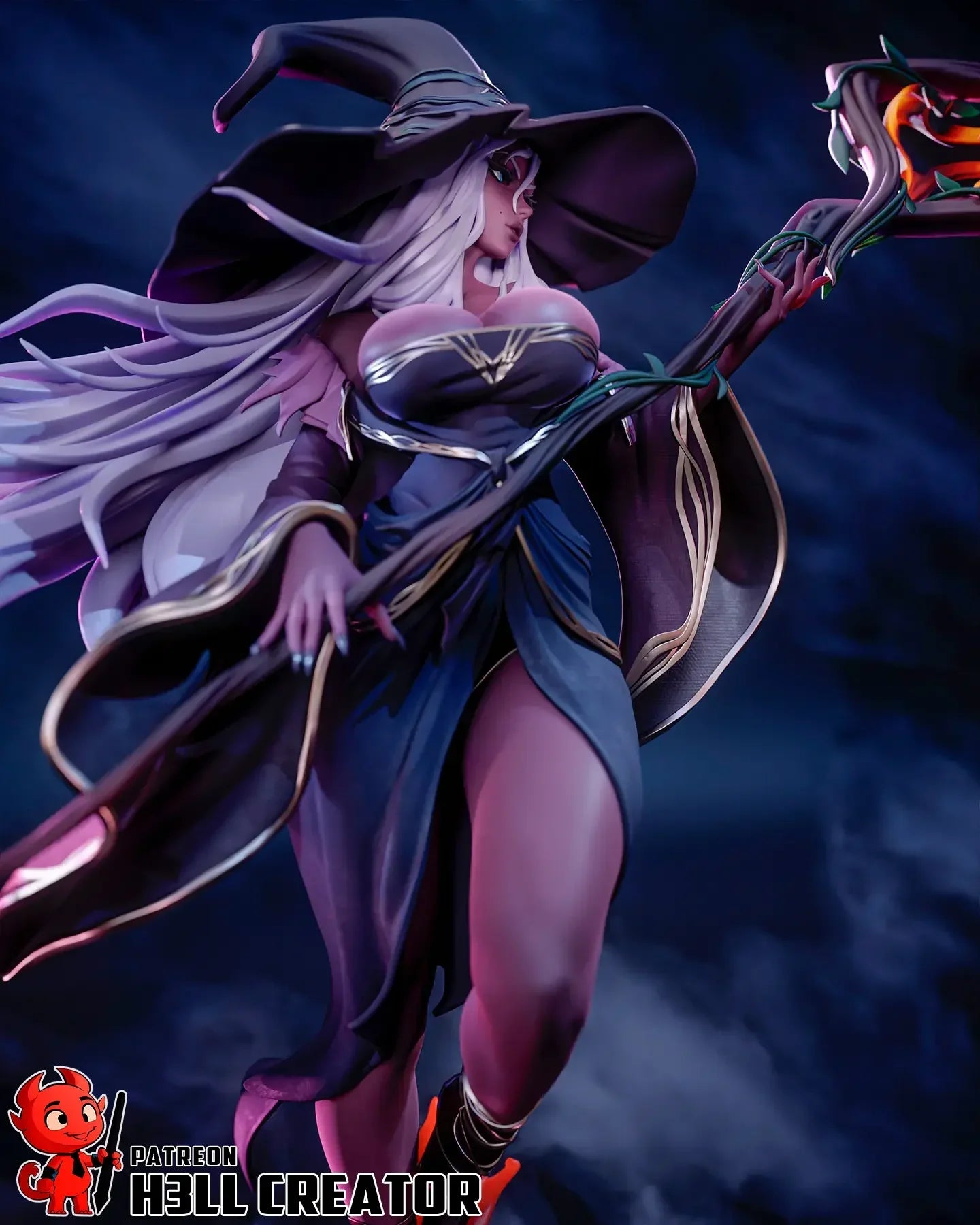 Fantasy character with long hair and a hat against a dark background, featuring the brand 'Hell Creator'.