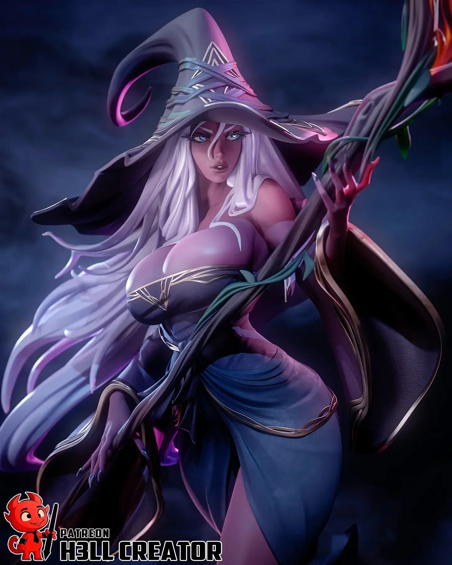 Recluse witch close-up face and staff highlight for painting